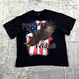 "Freedom Reigns" American Flag + Bald Eagle Graphic T-Shirt Men's Size XL Black